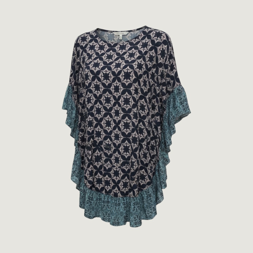 Free People Geometric Print Ruffle Tunic Dress Womens L Navy Blue Boho Oversized